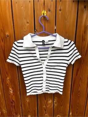 Divided White & Black Striped Polo Crop Top